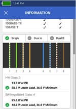 Switch port Power over Ethernet settings shows pairs used, power and class available and results of the PoE test under load