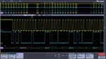 Triggering on a specific address and data packet going across an I2C bus. The yellow waveform is clock and the blue waveform is the data. A bus waveform provides decoded packet content including Start, Address, Read/Write, Data, and Stop.