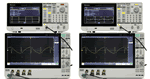 With InstaView turned off (left), the AFG31000 works like a traditional function generator. Due to an impedance mismatch, the AFG display shows a different waveform from the one observed at the DUT; With InstaView turned on (right), the AFG31000 shows the waveform as observed at the DUT.